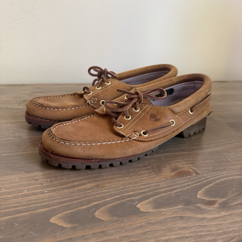 Timberland Womens 9.5M Tan Brown Leather Lace Boat Shoes Slip On Loafers